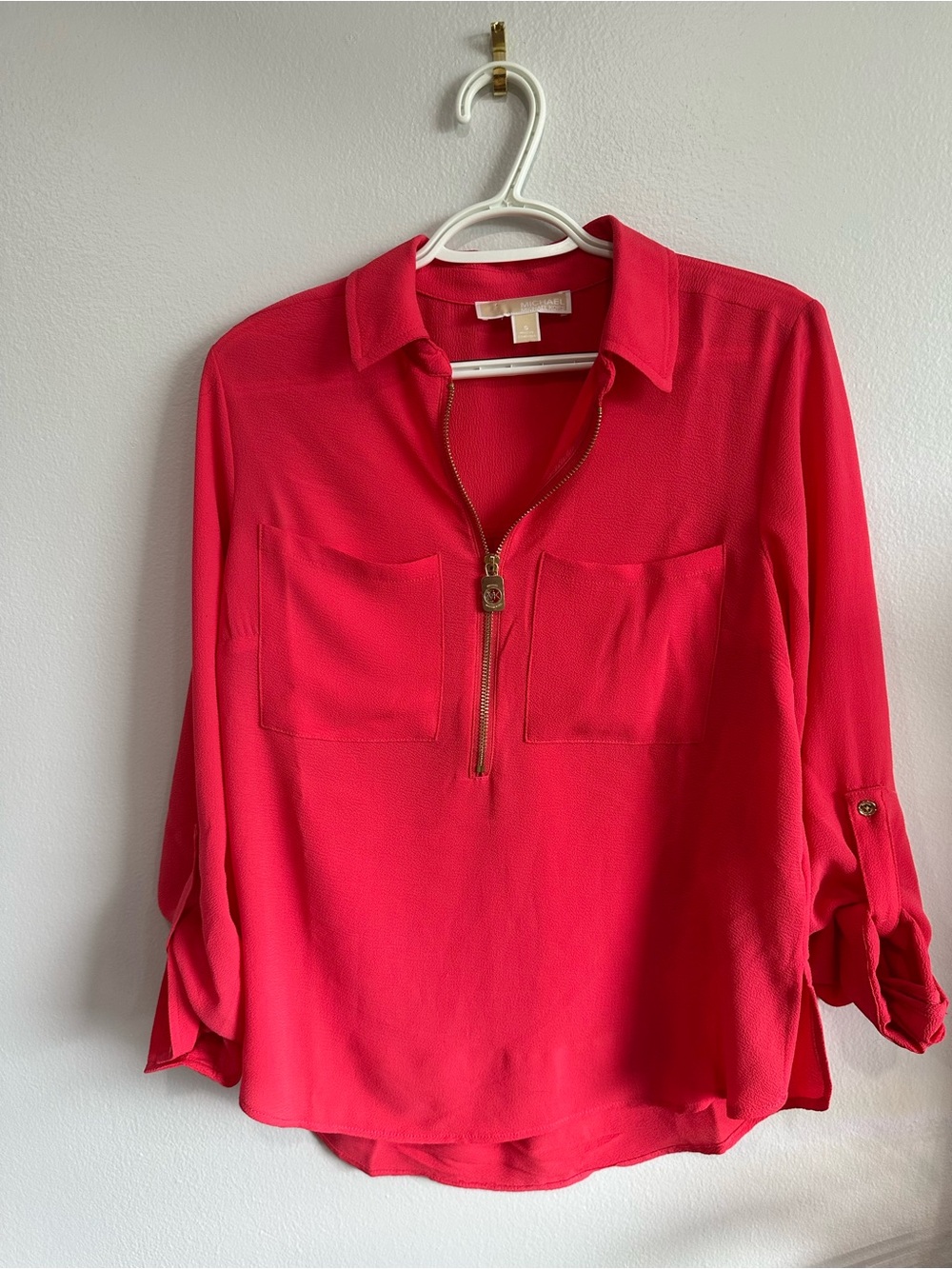 Michael Kors Bright Pink Half-Zip Collared Blouse